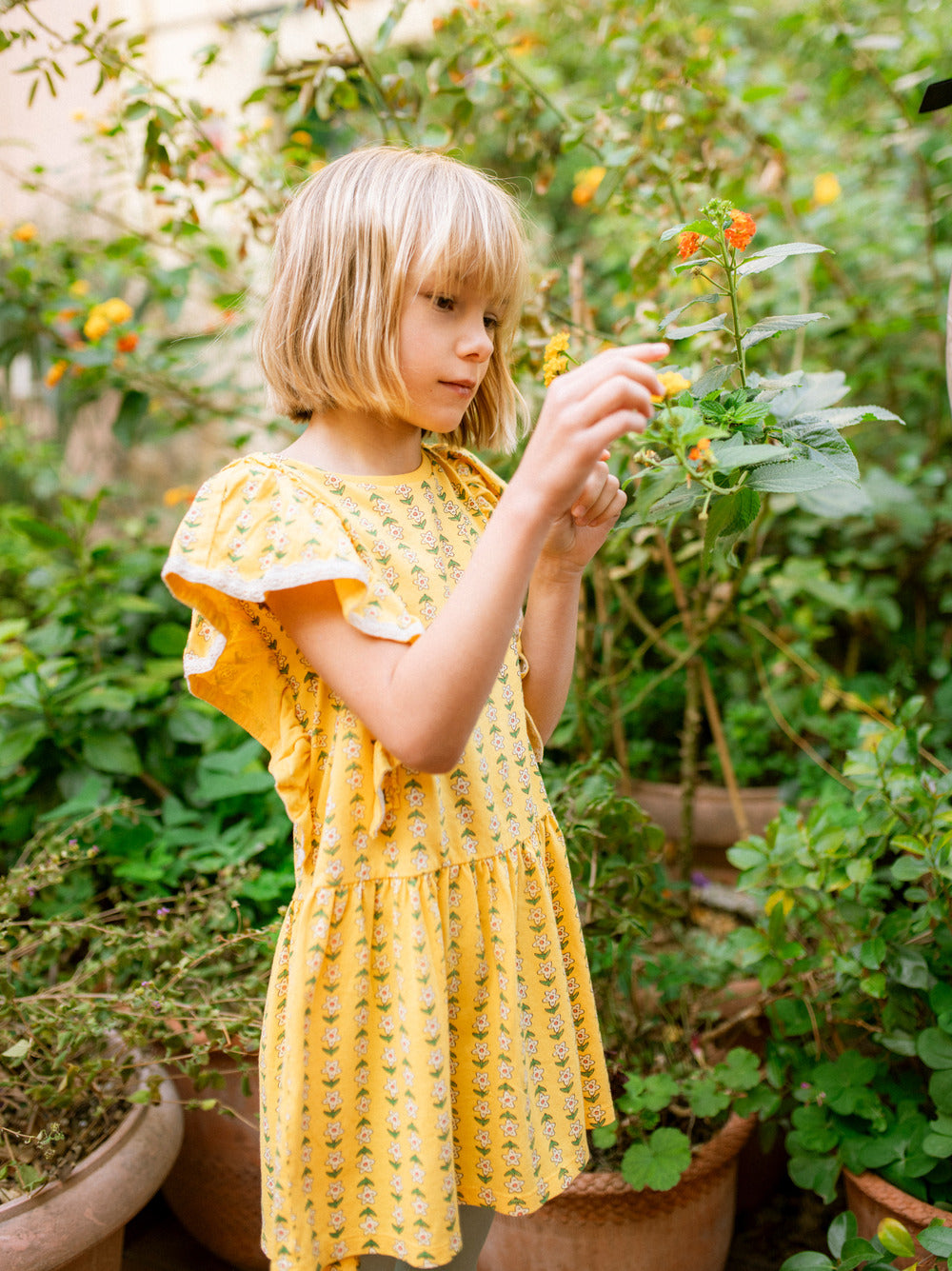 Crochet Trim Ruffle Dress, Vintage Floral Tile