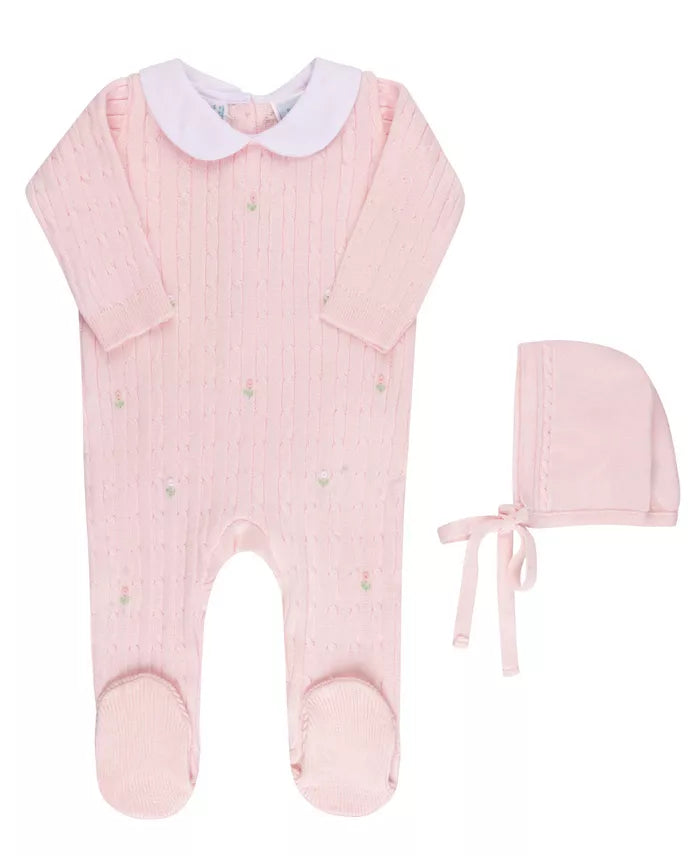 Peter Pan Cable Knit Romper & Bonnet, Pink