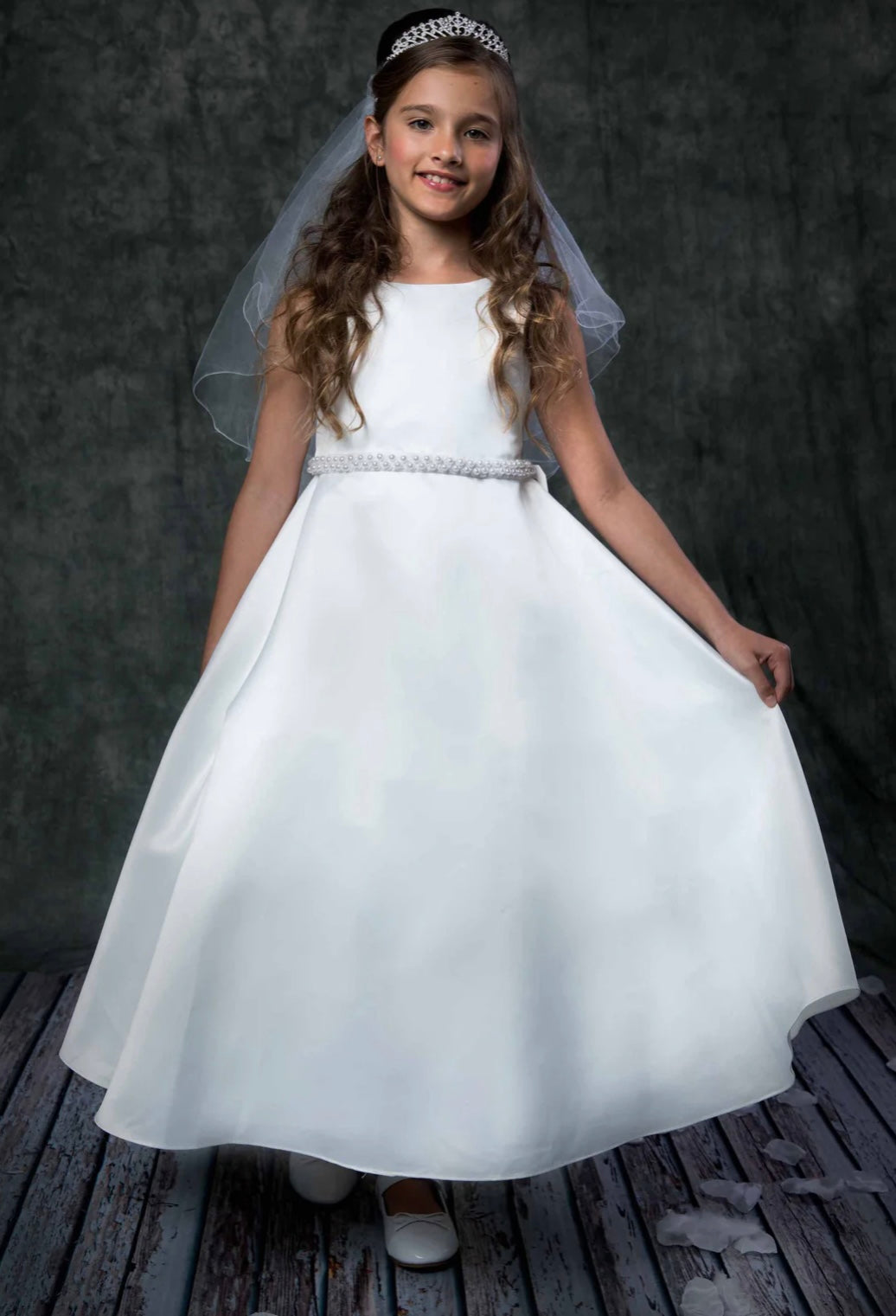 Satin Pearl Trim Communion Dress, White