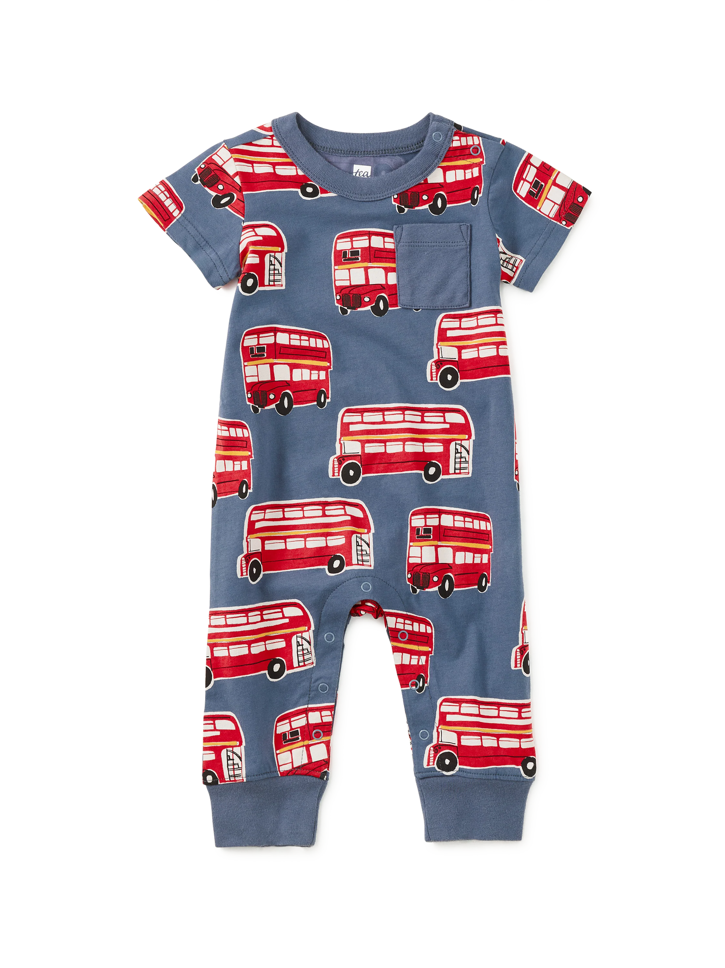 S/S Pocket Baby Romper, Double Decker Bus