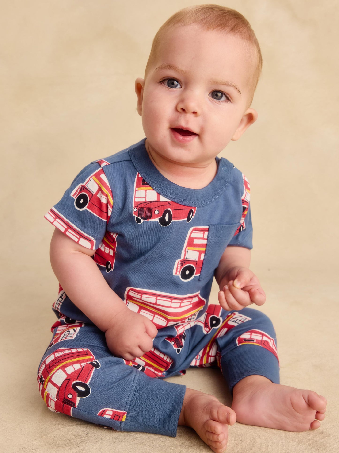 S/S Pocket Baby Romper, Double Decker Bus