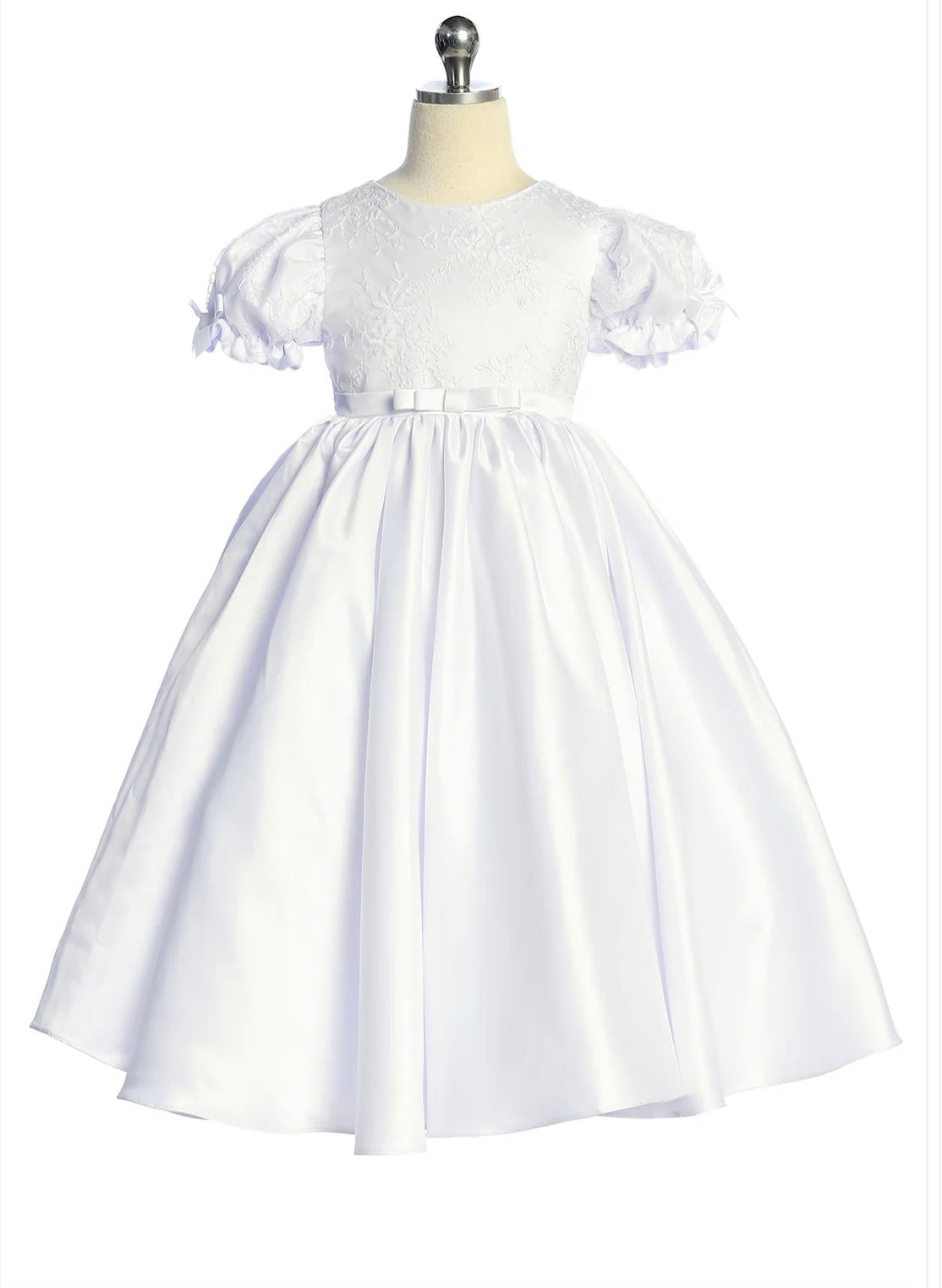 Satin Babydoll Embroidered Puff Sleeve Full Girls Dress with Plus Sizes 10 / White Satin Babydoll Embroidered Puff Sleeve Full Girls Dress with Plus Sizes 10 / White
