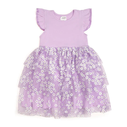 Lavender Ditsy Daisy Tiered S/S Tutu Dress
