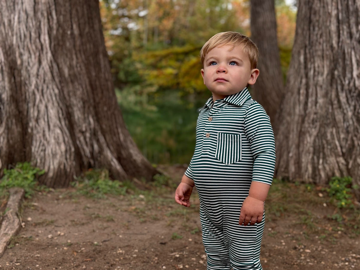 Kingston Polo Romper, Dark Green/White Stripe