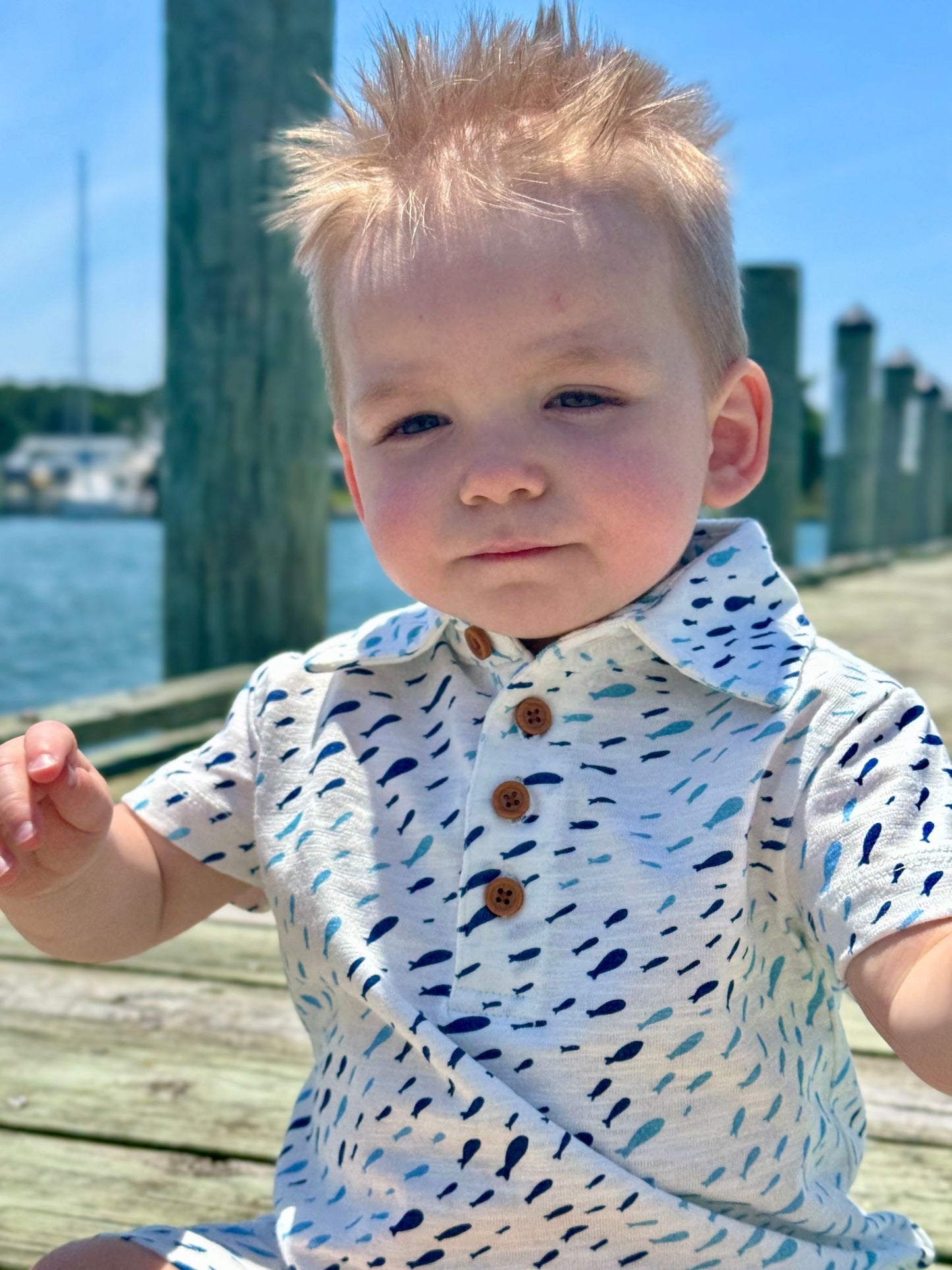 Drift Polo Romper, Blue Fish