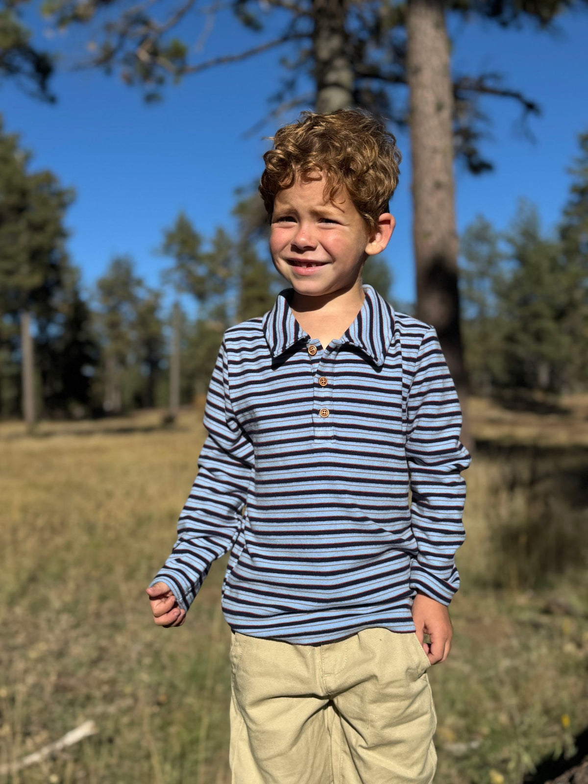 BUGGLE Cosy Fabric Polo, Blue/Navy Stripe