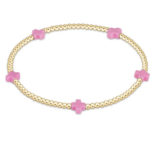 Egirl Signature Cross Small Gold Pattern 2mm Bead Bracelet - Bright Pink