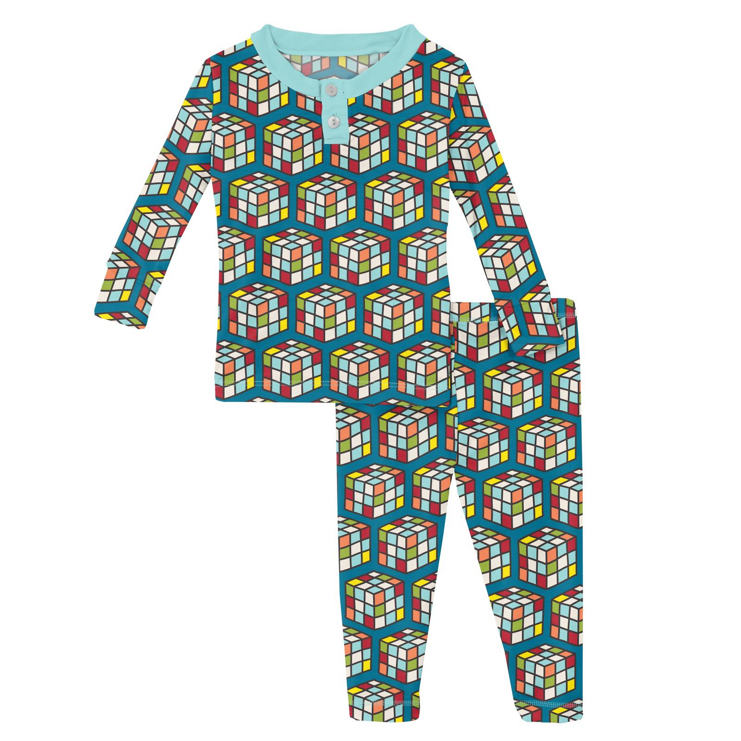 L/S Henley Pajama Set, Blue Puzzle Cube
