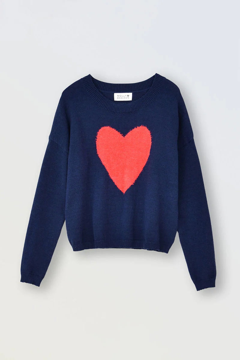 Knitted Sweater w/Heart, Navy Blue