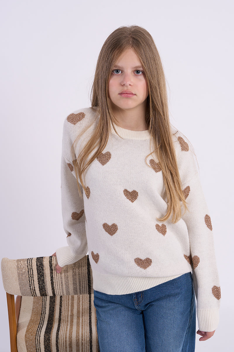Knitted Sweater, Off White w/Hearts