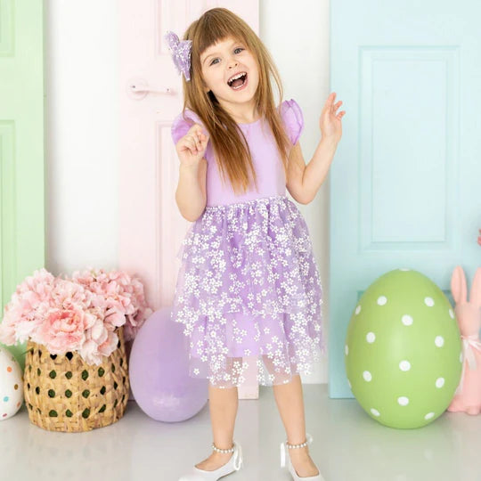 Lavender Ditsy Daisy Tiered S/S Tutu Dress