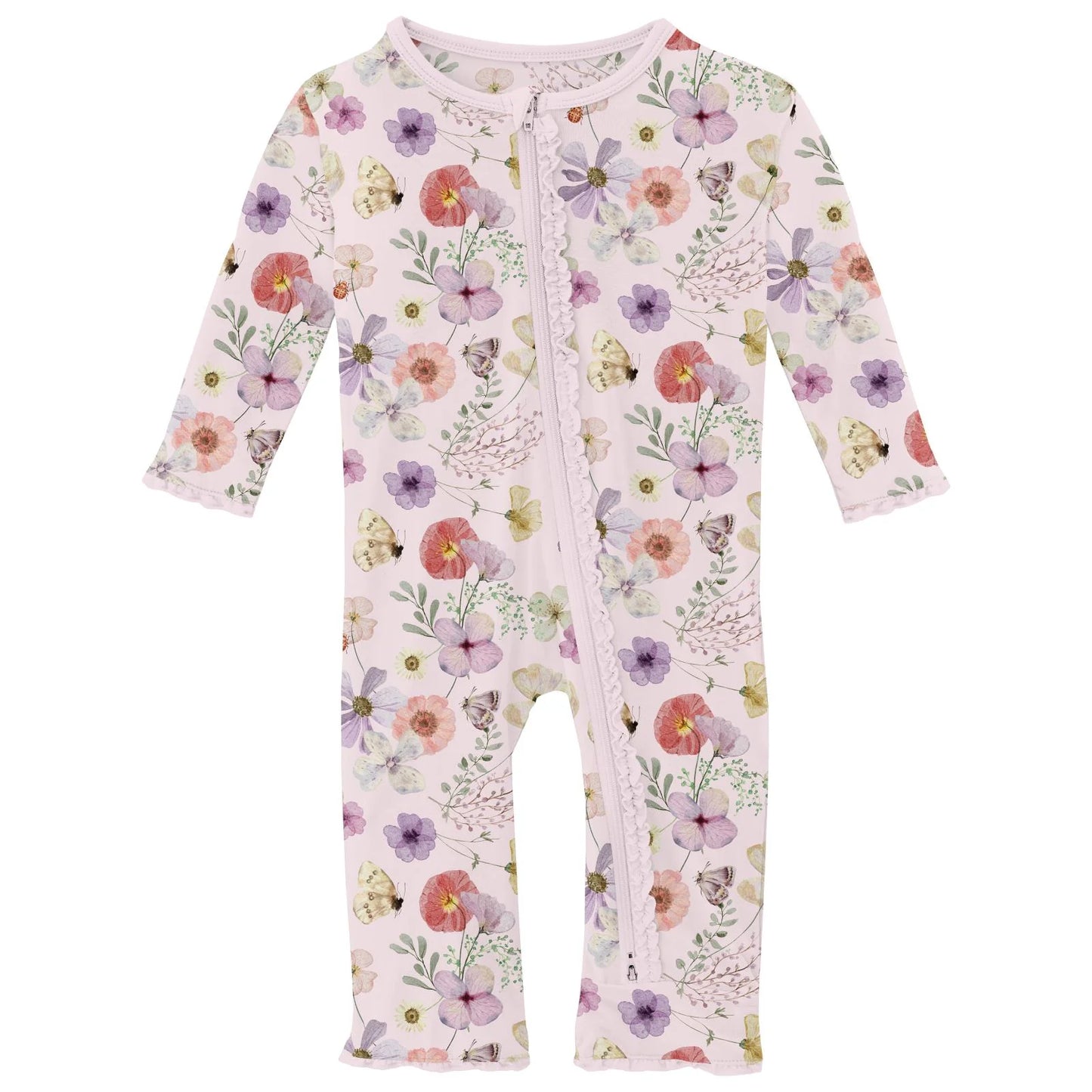 Muffin Ruffle Coverall w/2-Way Zip, Shrinking Violet Pressed Flowers