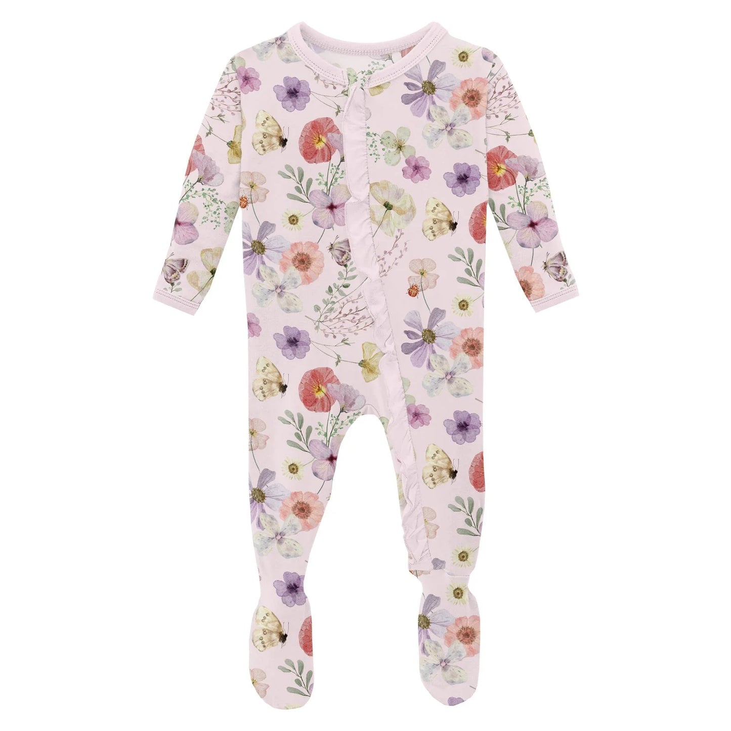 Ruffle Footie w/2-Way Zip, Shrinking Violet Pressed Flowers