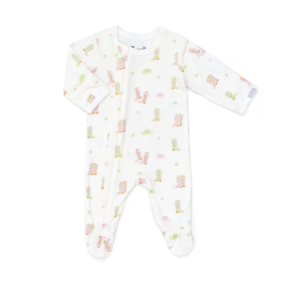Modal Zipper Footie, Cowgirl Boots on Cream