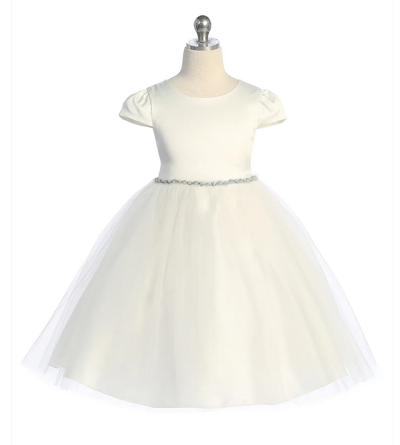 Capped Sleeve Satin & Tulle Dress w/Wavy Pearl, Ivory
