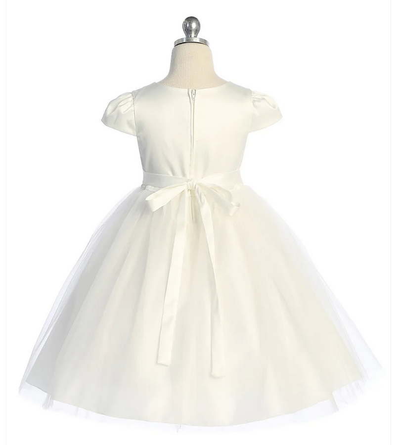 Capped Sleeve Satin & Tulle Dress w/Wavy Pearl, Ivory