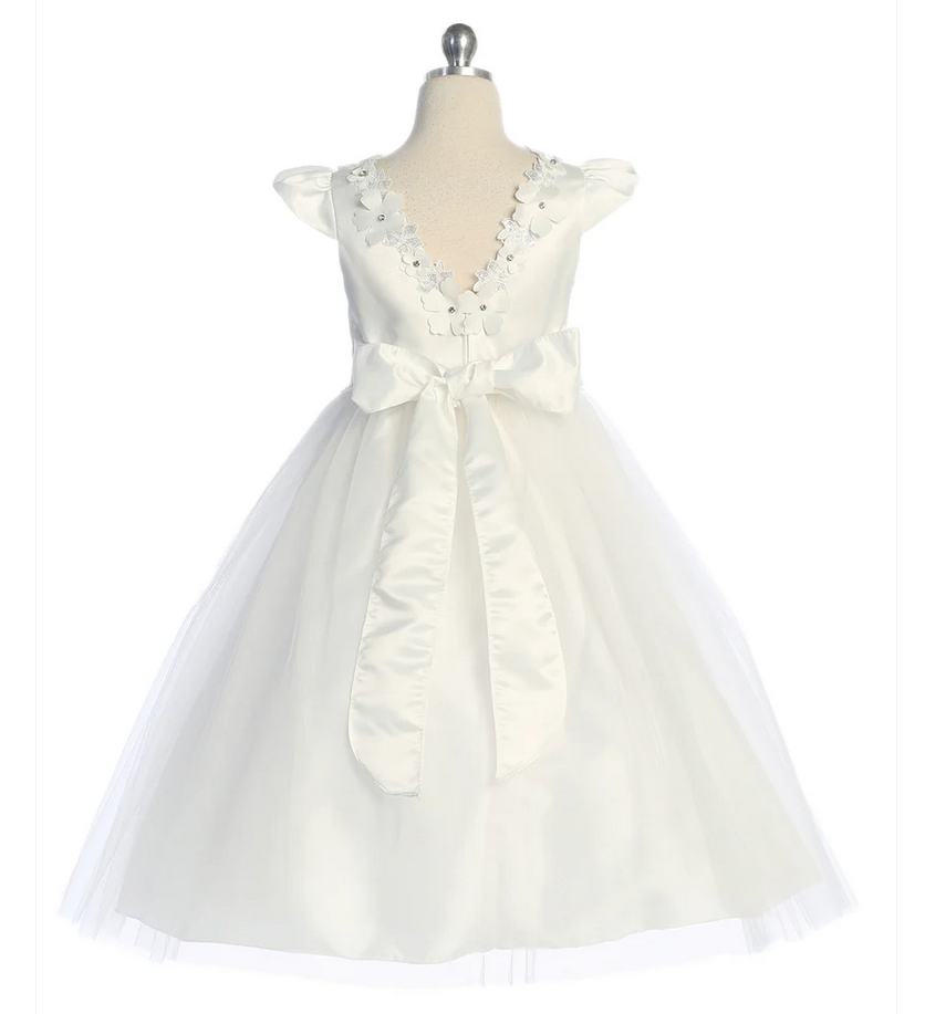 Capped Sleeve Satin & Tulle Dress w/Floral Trim, Ivory