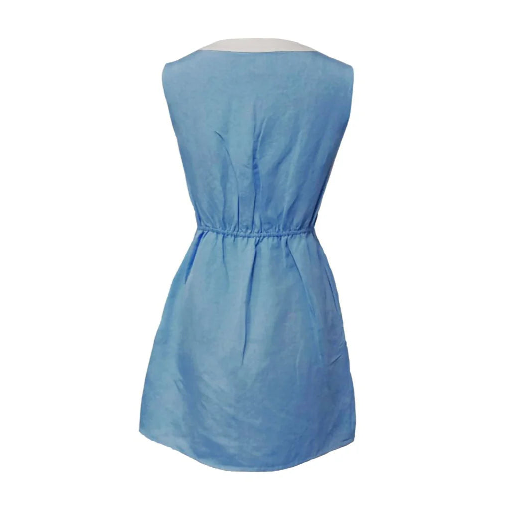 Ladies Shift Dress w/Bow, Blue Linen