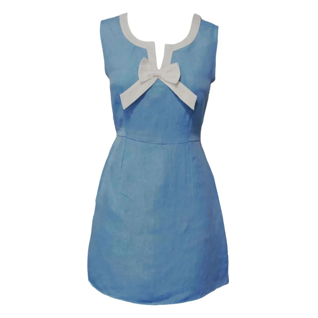 Ladies Shift Dress w/Bow, Blue Linen
