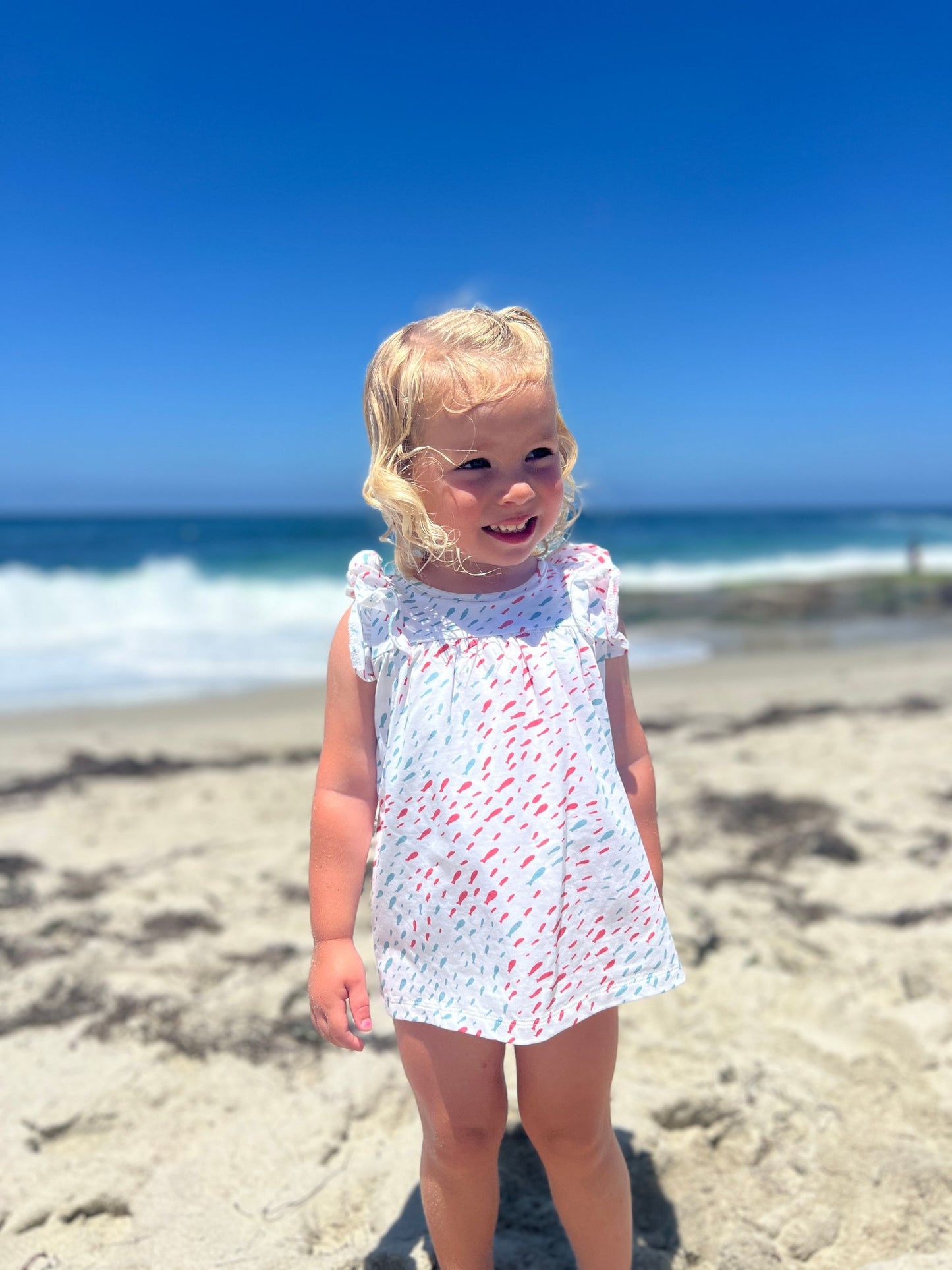 Jenn Dress, Coral/Aqua Fish