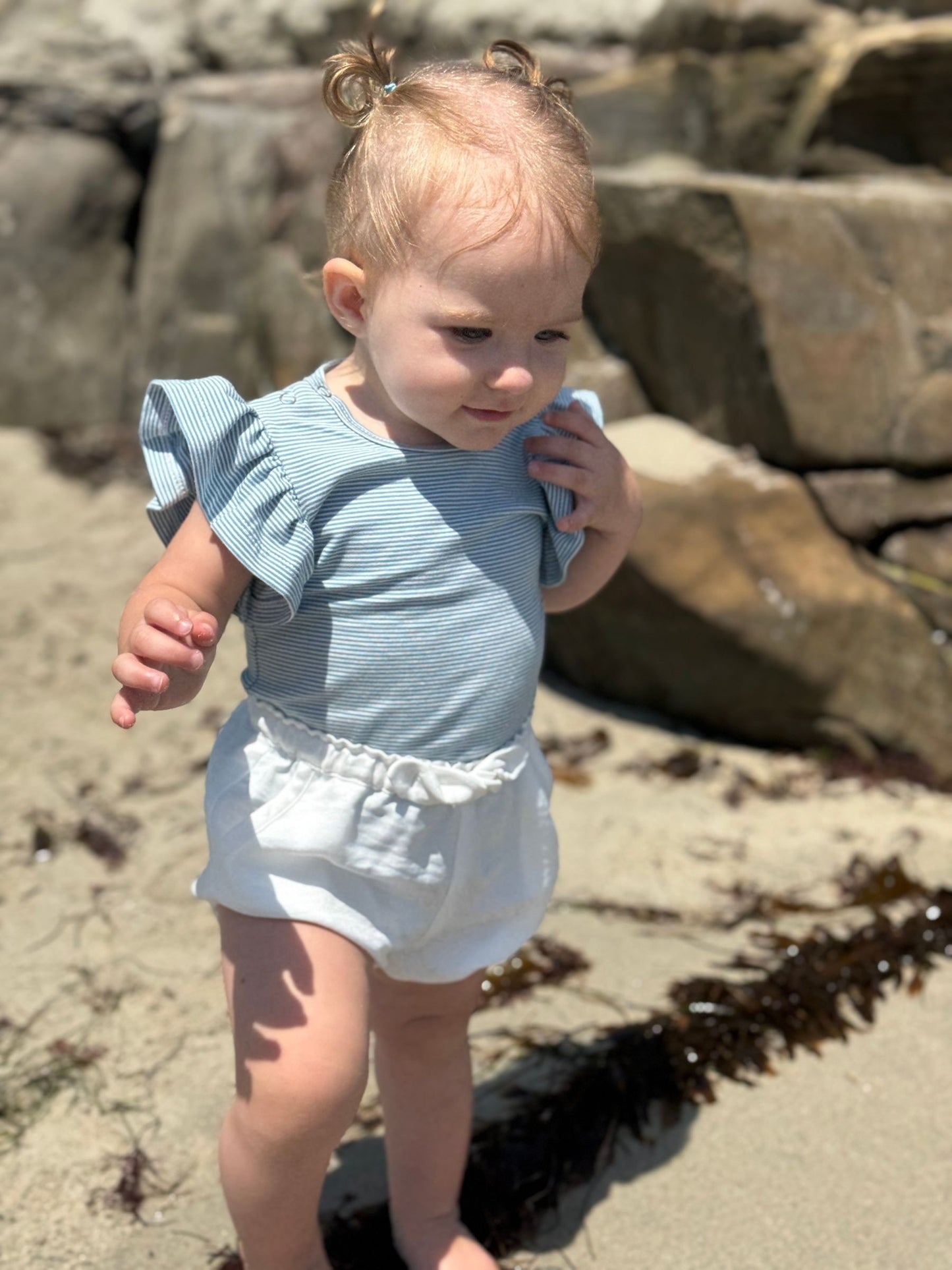 Wren Flutter Sleeve Onesie, Sage Green Stripe
