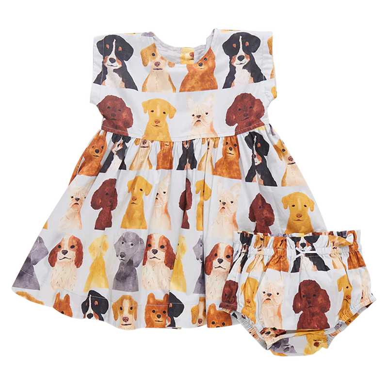 Adaline Dress, Light Blue Watercolor Dogs