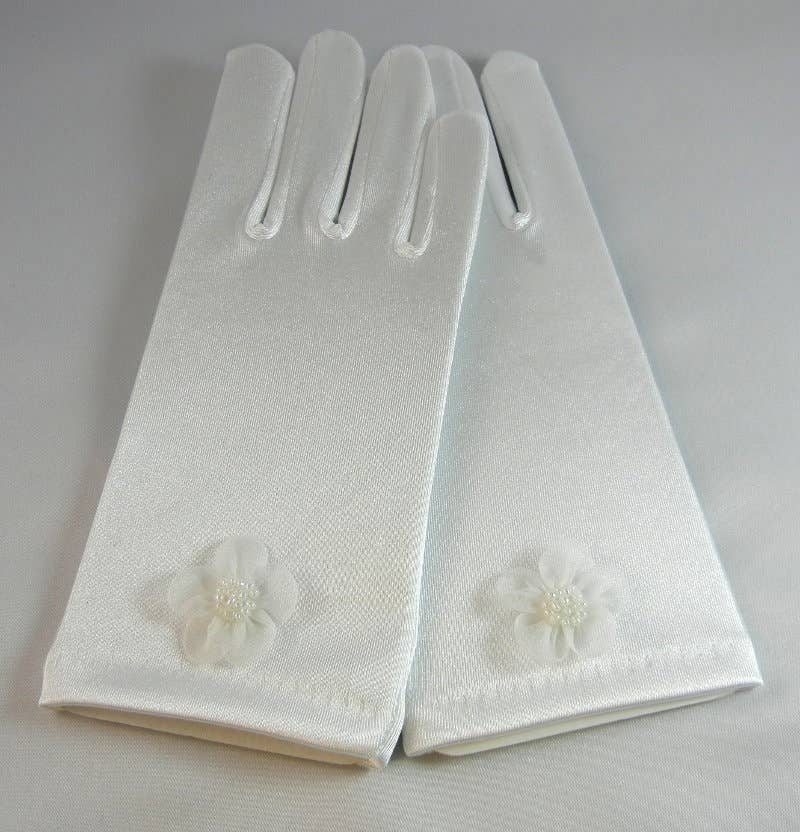 Satin Gloves w/Flower, White