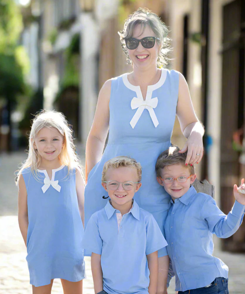 Ladies Shift Dress w/Bow, Blue Linen
