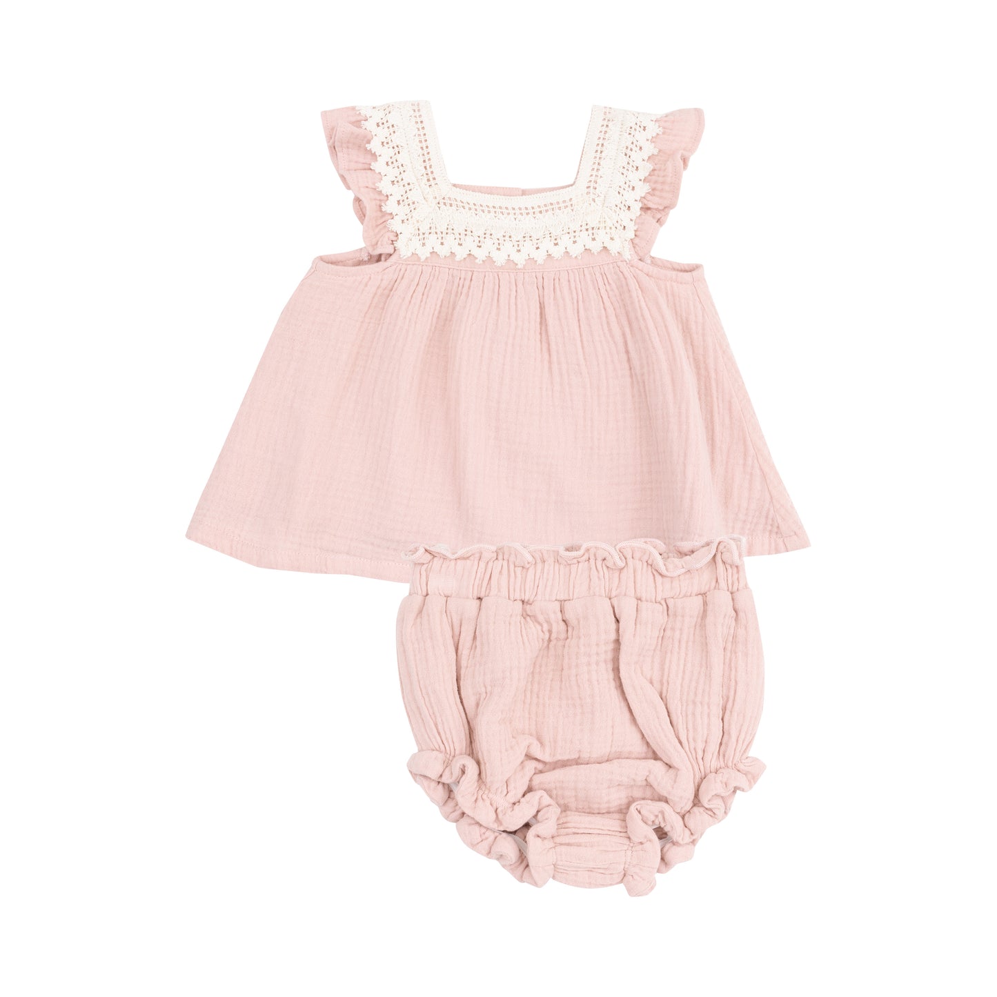 Solid Muslin Rose Smoke Pinafore w/ Crochet Heart Lace