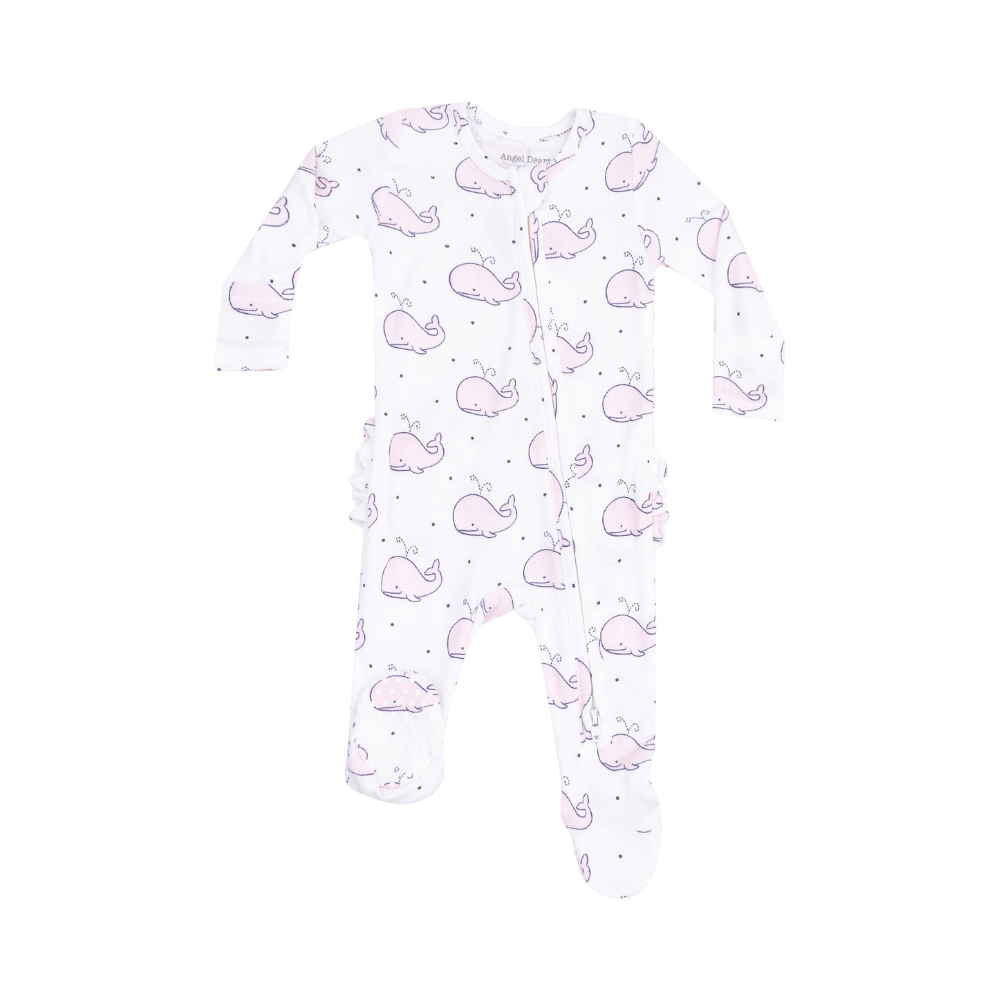 2 Way Zip Ruffle Back Footie, Ribbed Bubbly Whale Pink