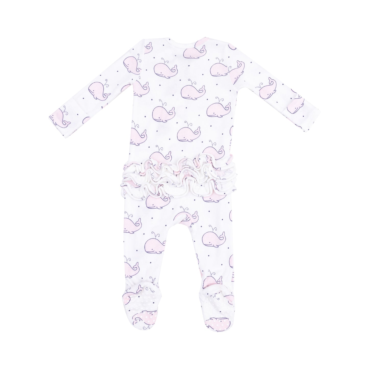 2 Way Zip Ruffle Back Footie, Ribbed Bubbly Whale Pink