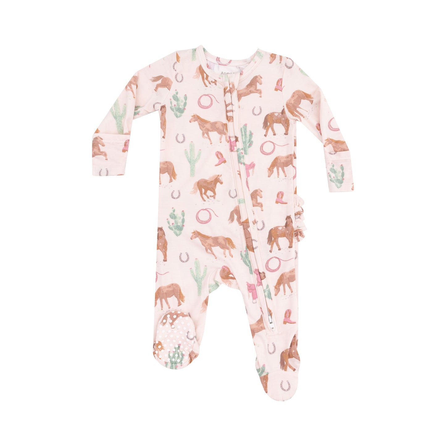 2 Way Zip Ruffle Back Footie, Western Horses Pink