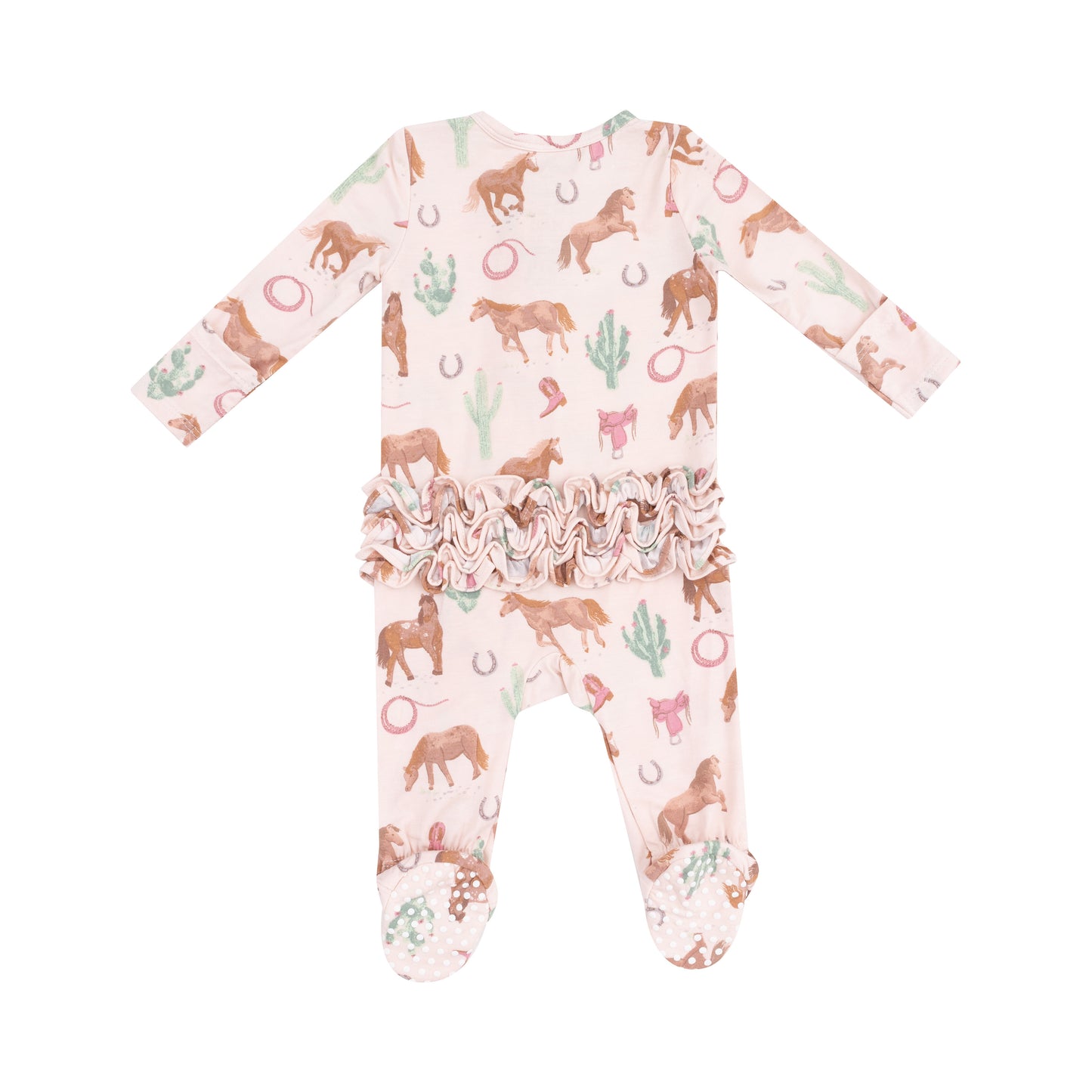 2 Way Zip Ruffle Back Footie, Western Horses Pink