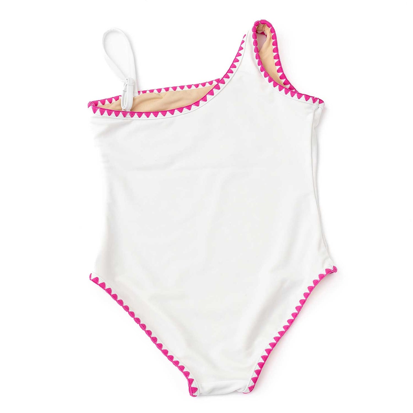 One Shoulder Embroidered Swimsuit, White/Pink