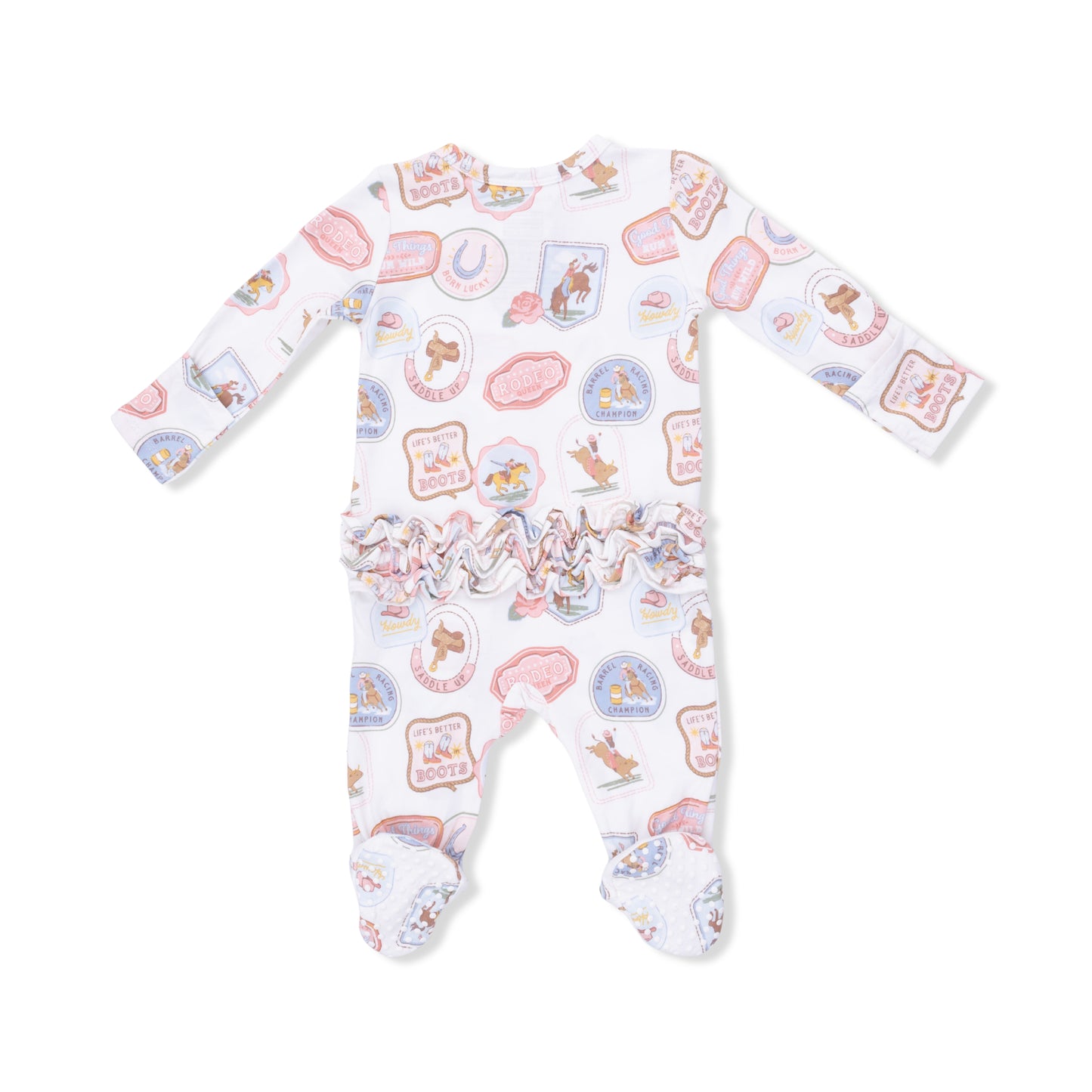 Ruffle Back Zipper Footie, Rodeo Patches, Pink