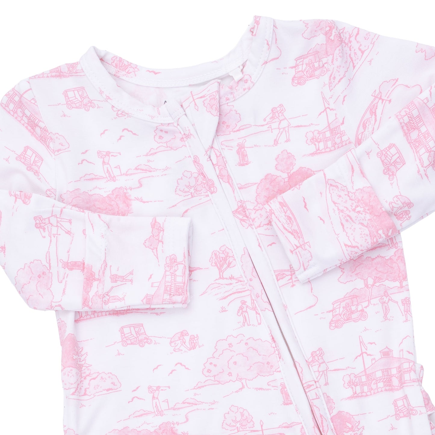 Ruffle Zip Footie, Gold Toile Pink