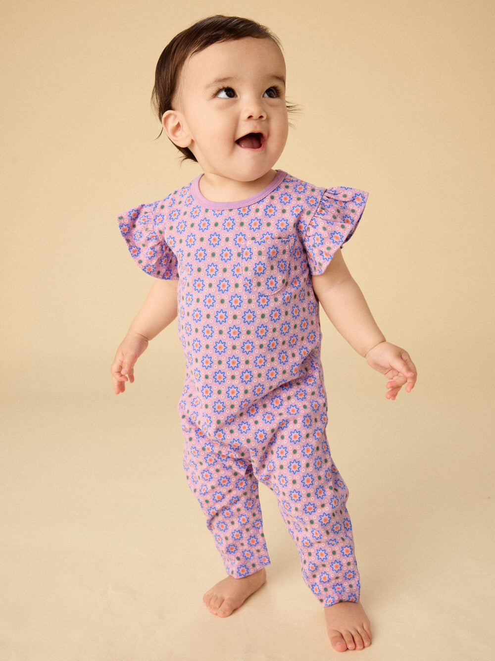 Ruffle Sleeve Baby Romper, Korean Tiles