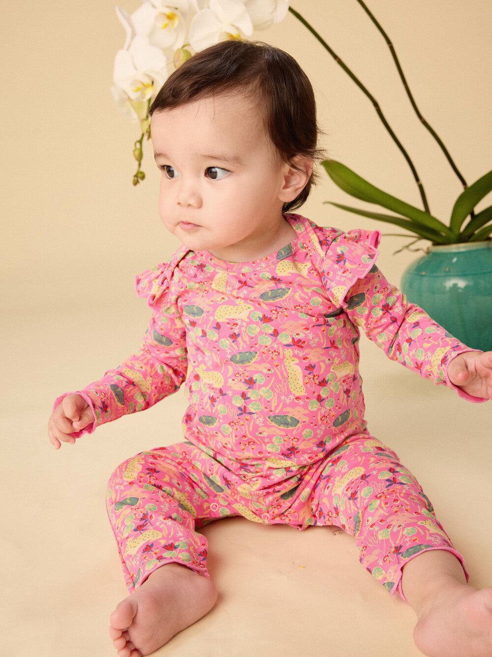 Ruffle Shoulder Baby Romper, Rabbit