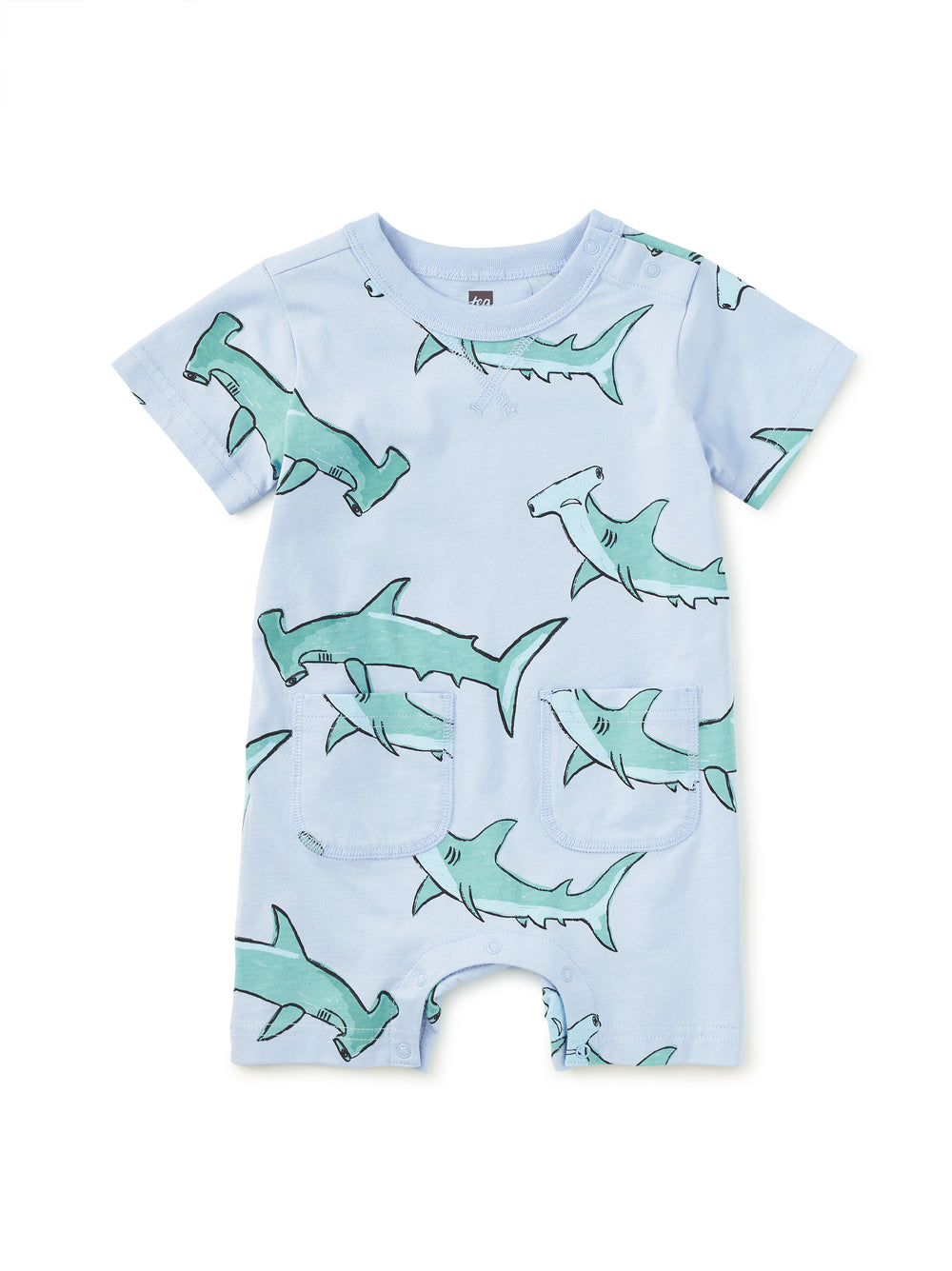 Double Pocket Shortie Baby Romper, Hungry Hammerheads