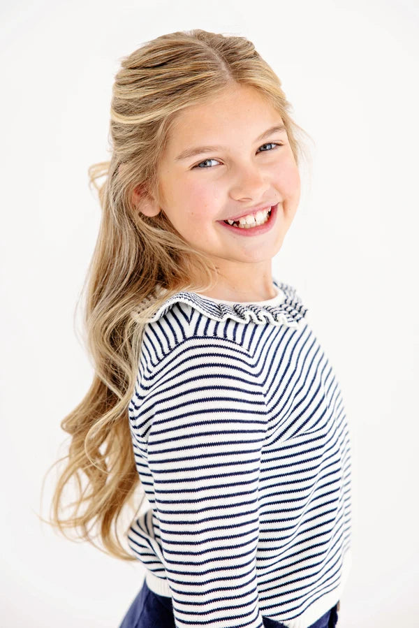 Reese Ruffle Sweater, Nantucket Navy/Palmetto Pearl Stripe