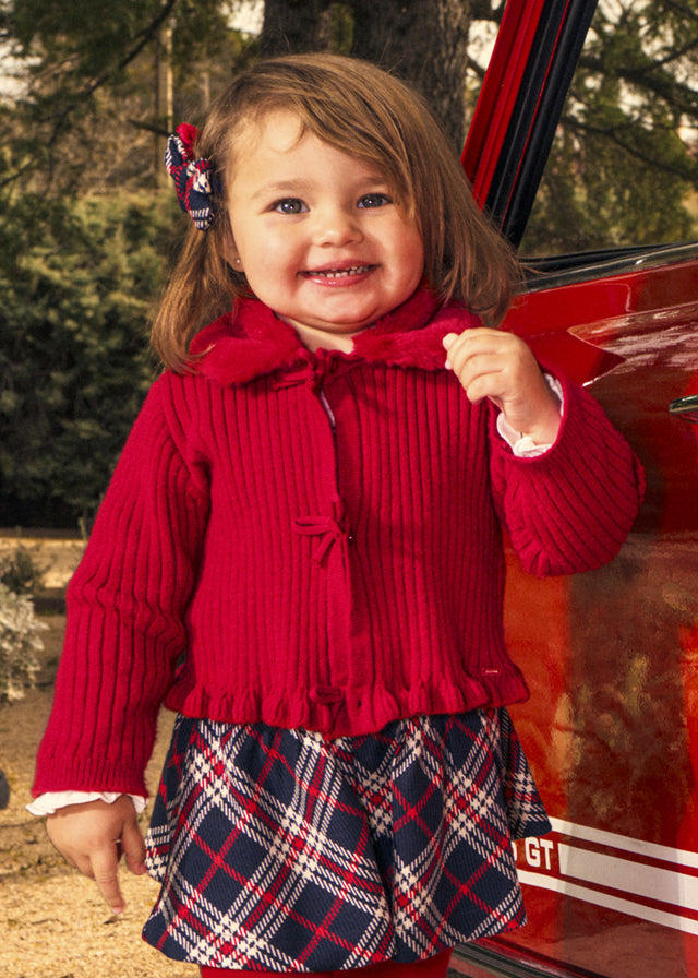 Faux Fur Collar Cardigan, Red, 2386