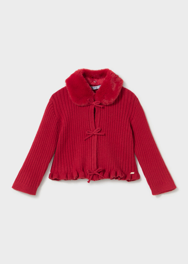 Faux Fur Collar Cardigan, Red, 2386