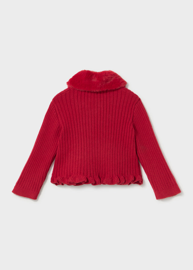 Faux Fur Collar Cardigan, Red, 2386