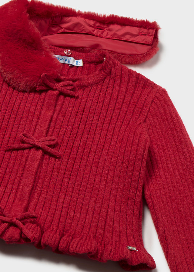 Faux Fur Collar Cardigan, Red, 2386