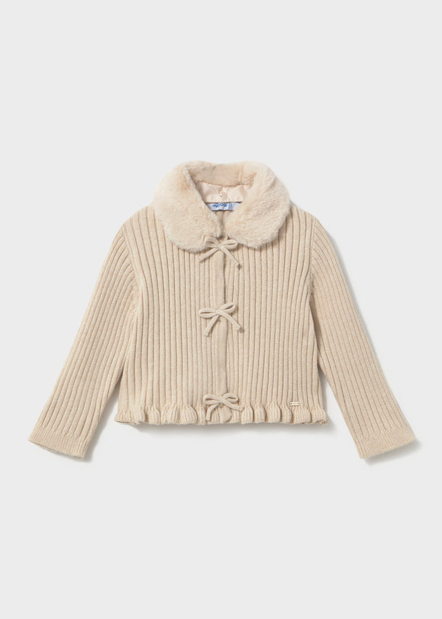 Faux Fur Collar Cardigan, Cream, 2386