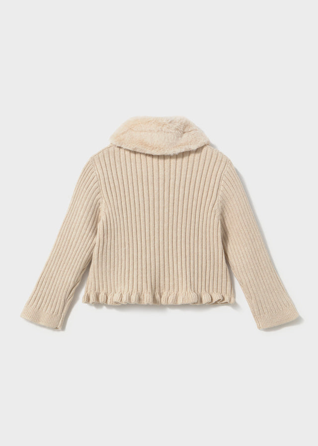 Faux Fur Collar Cardigan, Cream, 2386