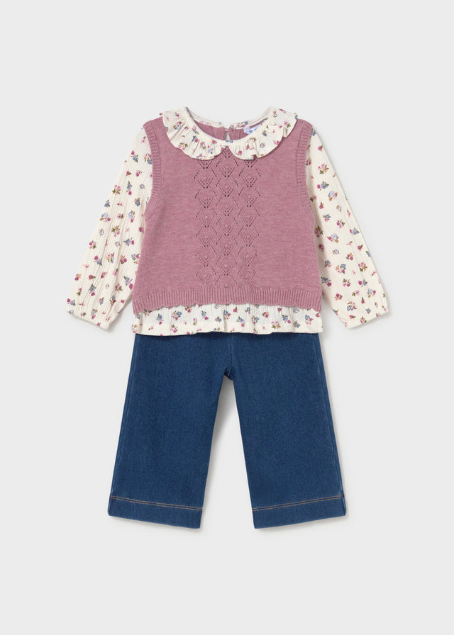 Knit Vest and Blouse Set w/Jeans, Violet, 2536
