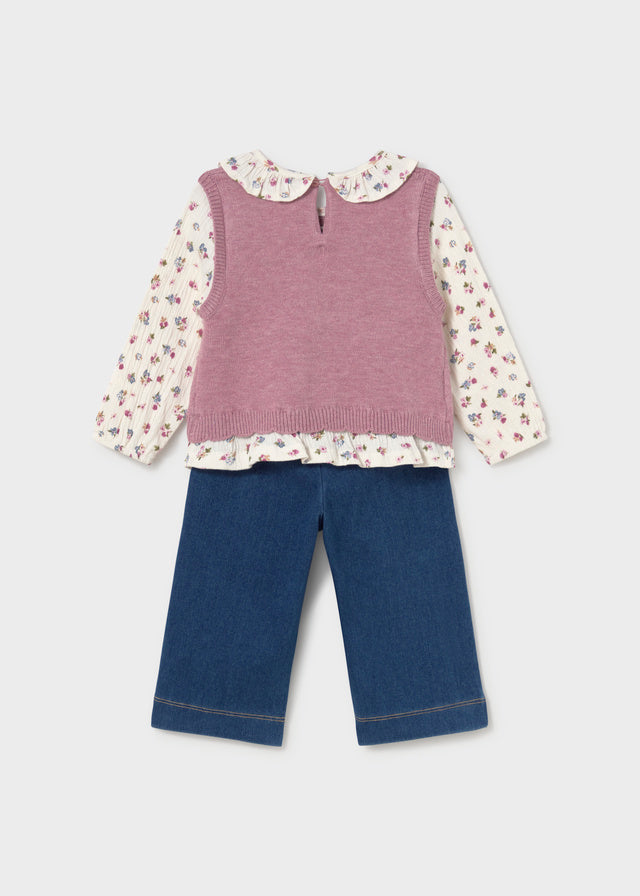 Knit Vest and Blouse Set w/Jeans, Violet, 2536