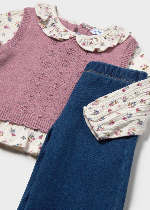 Knit Vest and Blouse Set w/Jeans, Violet, 2536