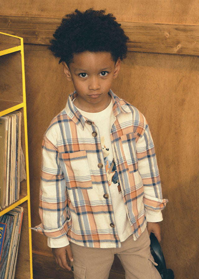 Fleece Lined Shirt, Orange/Blue Plaid, 4142